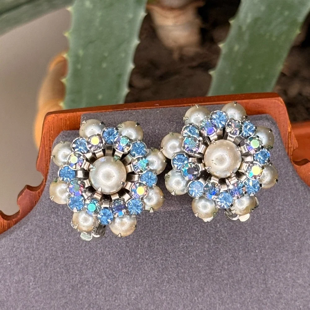 VTG Weiss Earrings Blue AB Rhinestones Faux Pearls, 50s Clip-On Signed Jewelry - Picture 1 of 7
